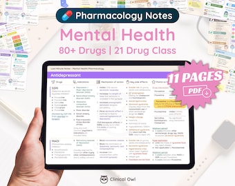 May include: A pink and white tablet screen displaying a chart titled "Antidepressant" with a list of drugs, indications, mechanism of action, key side effects, and points to consider. The chart is part of a larger document titled "Last Minute Notes - Mental Health Pharmacology". The document is titled "Pharmacology Notes Mental Health 80+ Drugs | 21 Drug Class" in a pink and blue banner. A pink starburst with the text "11 PAGES PDF" is in the upper right corner of the image.
