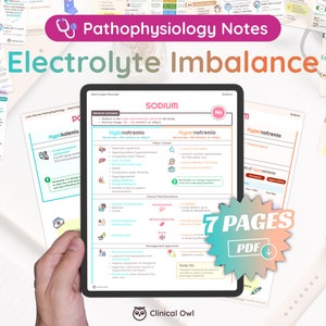 Puede incluir: Una tableta digital que muestra un documento PDF de 7 páginas titulado "Desequilibrio electrolítico" con un icono de estetoscopio y el texto "Notas de fisiopatología". El documento incluye información sobre los niveles de sodio en el cuerpo, incluyendo hiponatremia e hipernatremia. El documento es de Clinical Owl.