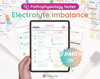 May include: A digital tablet displaying a 7-page PDF document titled "Electrolyte Imbalance" with a stethoscope icon and the text "Pathophysiology Notes". The document includes information about sodium levels in the body, including hyponatremia and hypernatremia. The document is from Clinical Owl.