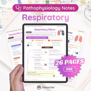 Könnte beinhalten: Ein digitaler Download von 26 Seiten mit Notizen zur respiratorischen Pathophysiologie. Die Notizen sind in Abschnitte mit Überschriften wie "Atemversagen" und "Arten des Atemversagens" gegliedert. Die Notizen sind mit Diagrammen von Lungen und anderen Atemwegsstrukturen illustriert.