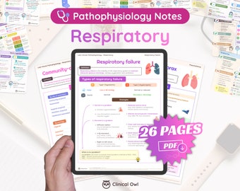 May include: A digital download of 26 pages of respiratory pathophysiology notes. The notes are organized into sections with headings like "Respiratory Failure" and "Types of Respiratory Failure". The notes are illustrated with diagrams of the lungs and other respiratory structures.