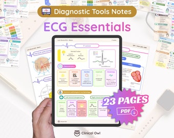 May include: A digital tablet displaying a page from a 23-page PDF guide titled "ECG Essentials" with illustrations and text about electrocardiogram (ECG) interpretation. The guide is part of a larger set of "Diagnostic Tools Notes" and is published by "Clinical Owl".