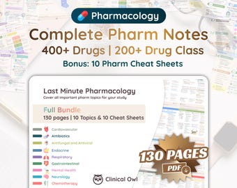 May include: A digital study guide titled Pharmacology Complete Pharm Notes featuring 400+ drugs and 200+ drug classes. The document includes 130 pages, 10 topics, and 10 cheat sheets in PDF format, covering cardiovascular, antibiotics, endocrine, and respiratory systems.