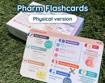 May include: A set of Pharm Flashcards in a white box with a physical version label. The front card is titled Cardiovascular and details ARB medication, including class members like Losartan, indications, mechanisms, adverse effects, and pregnancy warnings.