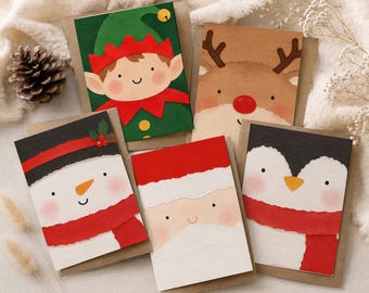 Cute Christmas Cards Pack, Santa Reindeer Penguin Snowman & Elf, Festive Xmas Greeting Card Set, Christmas Cards Multipack, Xmas Cards