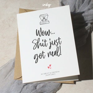 Wow Shit Just Got Real - grappige leuke trouwkaart, gefeliciteerd met je trouwdag, kaart bruid en bruidegom, paren, verlovingskaart, onbeleefd