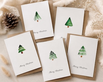 Pack of 5 Minimalist Christmas Cards, Watercolour Christmas Tree Card Set, Simple Modern Xmas Greeting Cards, Festive Card Multipack