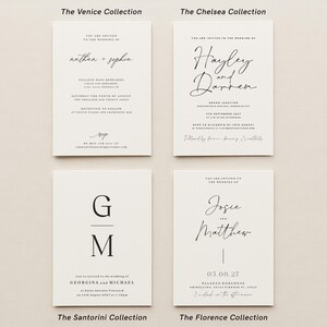 May include: Four wedding invitation designs with different styles and fonts. The Venice Collection features a simple design with the names "Nathan & Sophia" in script font. The Chelsea Collection features a more elegant design with the names "Hayley & Darren" in script font. The Santorini Collection features a minimalist design with the initials "G & M" in a sans-serif font. The Florence Collection features a modern design with the names "Josie & Matthew" in script font.