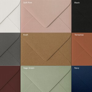 May include: Nine different colored envelopes, each with a different color: white, soft pink, black, smoke, kraft, terracota, claret, sage green, and navy.