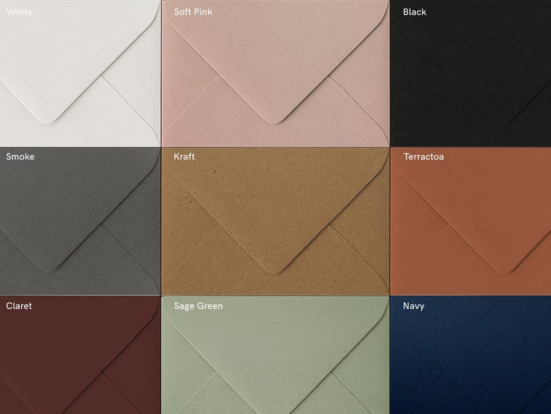 May include: Nine different colored envelopes, each with a different color: white, soft pink, black, smoke, kraft, terracota, claret, sage green, and navy.