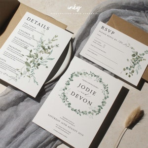 Begrünte Hochzeitseinladungen, Hochzeit einladen Set, Blumenhochzeit lädt ein, Blatt, Laubhochzeit einladen, Grün, stilvolle Hochzeit, Osaka