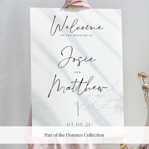 May include: White wedding welcome sign with black calligraphy text that reads "Welcome to the wedding of Josie and Matthew 05.08.21 The Pilgrims Rest Part of the Florence Collection".