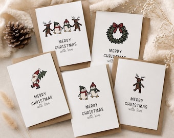 Pack of 5 Christmas Cards, Cute Christmas Card Set, Penguin Reindeer Santa & Wreath, Festive Xmas Cards, Christmas Greeting Cards