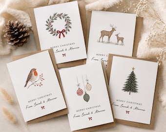 Personalised Christmas Cards Pack of 5, Watercolour Christmas Card Set, Robin Reindeer Wreath & Tree, Custom Xmas Cards with Names