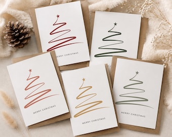 Minimalist Christmas Cards Set of 5, Modern Abstract Christmas Tree Cards, Neutral Christmas Greeting Cards, Scandinavian Style Holiday Card
