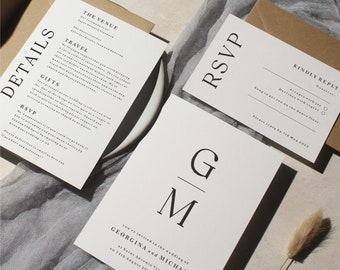 Minimalist Wedding Invitation Bundle, Personalized Stationery with Envelopes