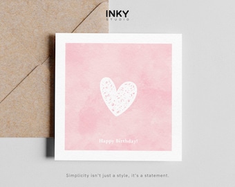 Tarjeta de cumpleaños personalizada: corazón rosa de acuarela, sobre kraft