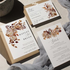 Faire-part de mariage bohème moderne, Ensemble d'invitations à un mariage, Faire-part de mariage floral, Feuillage, Mariage d'automne, Mariage élégant, Vienne