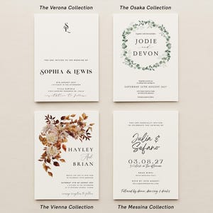 May include: Four wedding invitation designs with different themes. The Verona Collection features a simple design with a monogram and the names "Sophia & Lewis". The Osaka Collection features a wreath of green leaves with the names "Jodie & Devon". The Vienna Collection features a watercolor floral design with the names "Hayley & Brian". The Messina Collection features a simple design with the names "Julia & Sefano" and the date "03.08.27".