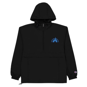 May include: Black hooded anorak jacket with a blue embroidered castle logo on the chest. The jacket has a zipper closure and a drawstring at the waist.