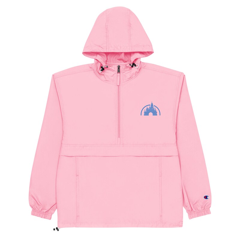 May include: A pink hooded windbreaker with a blue embroidered castle logo on the front.