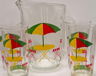 Vintage Glass Pitcher or Jug set with 4 glasses. Colourful Fun Design. Made in Italy