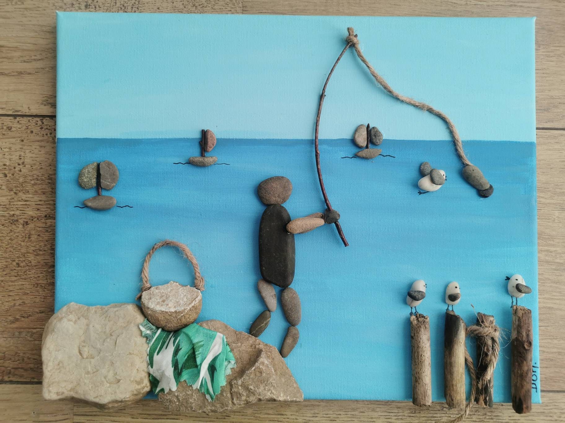 Une Partie de Pêche en Bord Mer... Tableau Pebble Art/Art Galets Fait Matériaux Naturels
