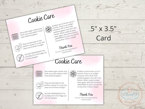 Cookie Care Card, Cookie Care Instructions, Bakery Care Guide, Biscuits Instructions, Printable 3.5" x 5" Card