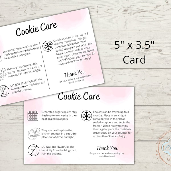 Tarjeta de cuidado de galletas, instrucciones de cuidado de galletas, guía de cuidado de panadería, instrucciones de galletas, tarjeta imprimible de 3,5" x 5"