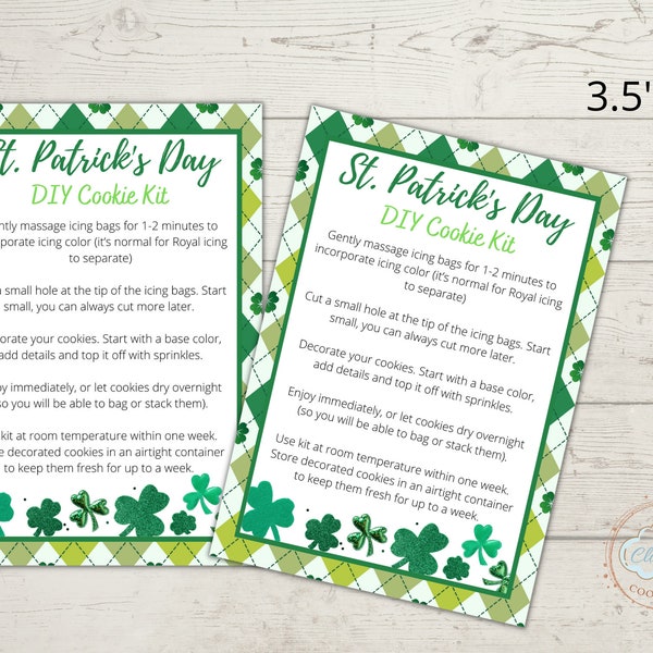 Printable St. Patrick's Day DIY Cookie Kit Instructions, DYI Cookie Kit Card -  3.5 x 5