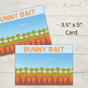 Puede incluir: Dos tarjetas imprimibles de 3,5 x 5 pulgadas con un huerto de zanahorias y el texto "Bunny Bait".