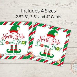 Druckbares Nordpol Donut Shop Etikett, Elf Donut Tag, Mini Donut Box Label, Elf Lieferung über Nacht, Weihnachten druckbar, Sofortiger Download