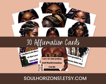 30 Printable Law of Attraction and ManifestationCards for Black Women, digital cards, printable affirmations, African American therapy tools