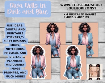 Blau und rosa Sorority Frau Clip Art, visuelle MidJourney Prompt, digitale Aufkleber, afroamerikanische Cliparts, kommerzielle Nutzung erlaubt