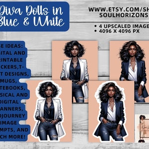 Blue and White Sorority woman Clip Art, Visual MidJourney Prompt | Digital Sticker | African American clipart Commercial Use