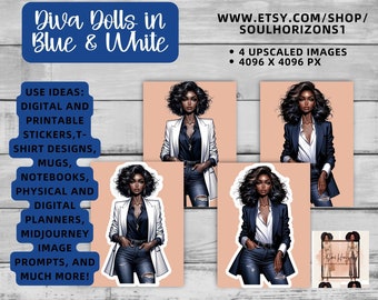 Blue and White Sorority woman Clip Art, Visual MidJourney Prompt | Digital Sticker | African American clipart Commercial Use
