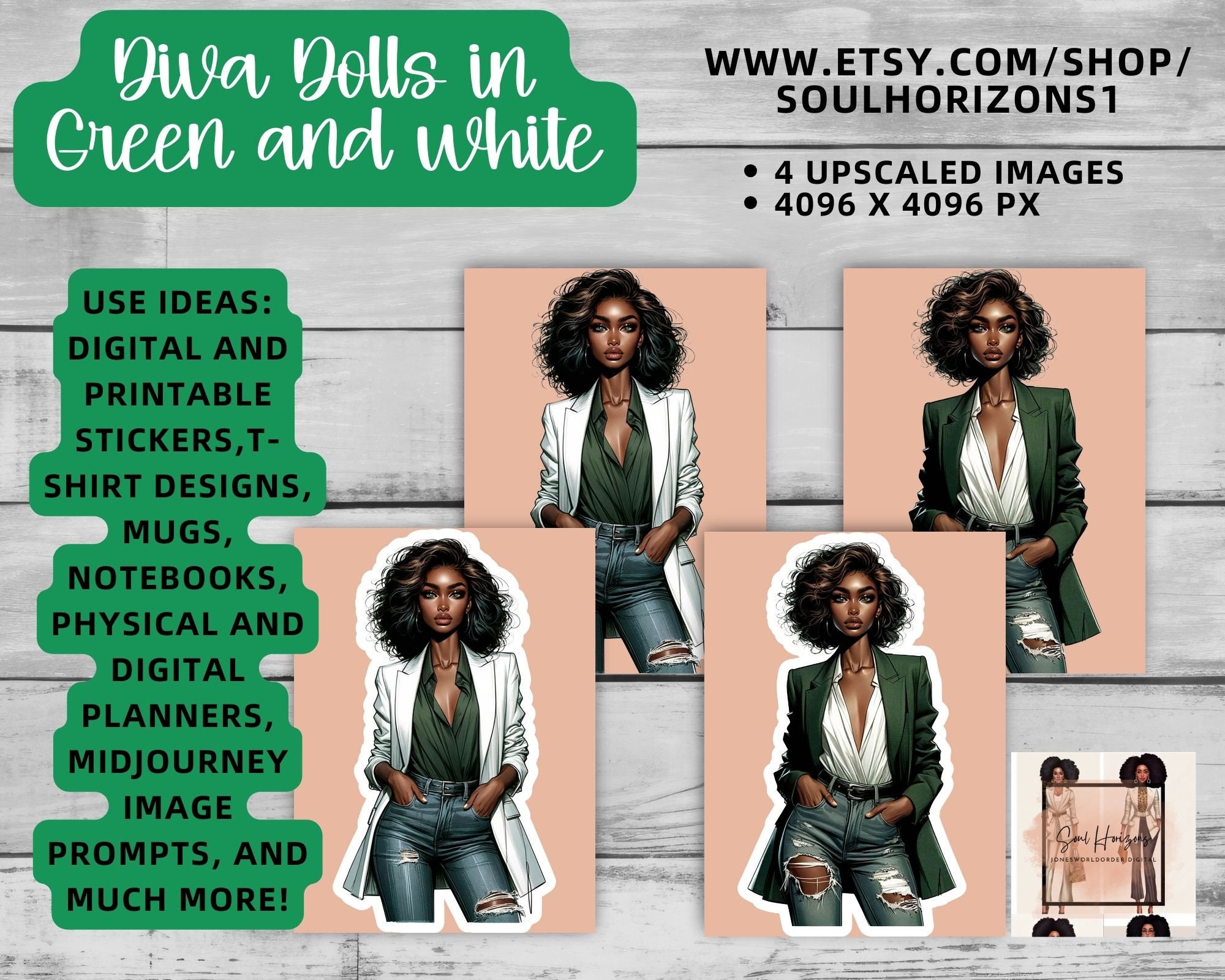 Green and white organization woman Clip Art, Visual MidJourney Prompt | Digital Sticker | African American clipart, Commercial Use allowed
