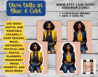 Blau und Gold Sorority Frau Clip Art, Visual MidJourney Prompt | Digitaler Aufkleber | African American Clipart, kommerzielle Nutzung erlaubt