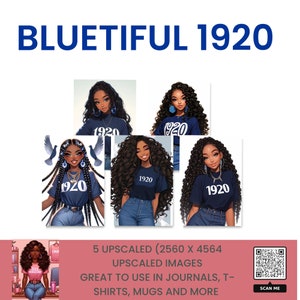 Blue and White 1920 Sorority woman High-Res Clip Art, Visual MidJourney Prompt | Digital Sticker, African American clipart Commercial Use