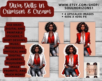 Crimson and Cream Sorority woman Clip Art, Visual MidJourney Prompt | Digital Sticker | African American clipart Commercial Use