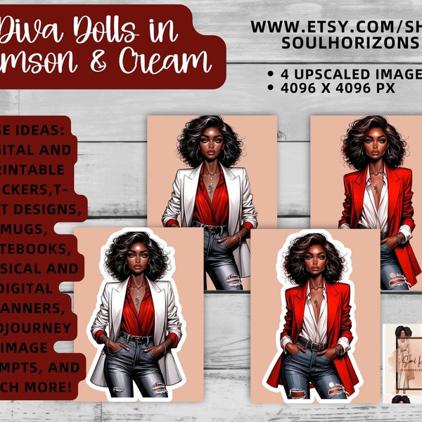 Crimson and Cream Sorority woman Clip Art, Visual MidJourney Prompt | Digital Sticker | African American clipart Commercial Use