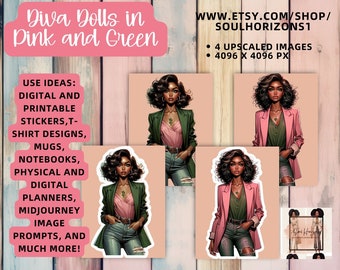 Rosa und Grün Sorority Frau hochauflösende Clip Art, visuelle MidJourney Prompt | Digitale Aufkleber | Afroamerikanische Clipart kommerzielle Nutzung