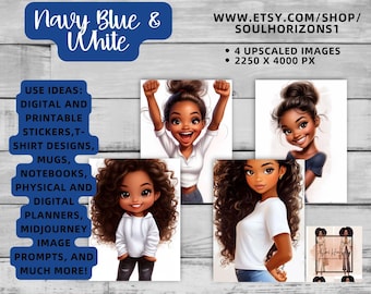 Navy Blue and white Chibi woman High-Resolution Clip Art, Visual MidJourney Prompt | Digital Sticker | African American art, Commercial Use