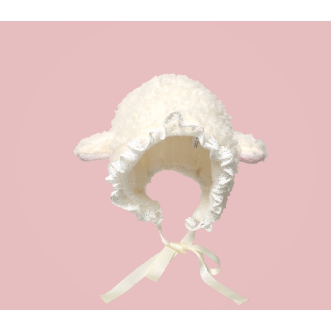 Kawaii Sheep Design Beanie, Fluffy Sheep Lamb Ear Winter Hat, Plush
