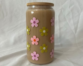 Flower DTF 16 oz Libby Beer Can, Glass Cup with Lid