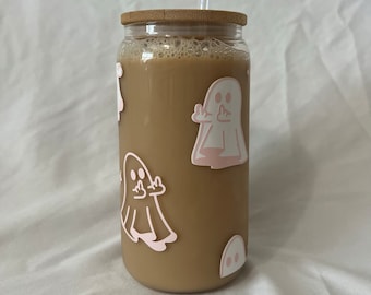 Middle Finger Ghost Glass Beer Can Cup- Glass Cups/Custom Cups/Halloween/Spooky/Trendy