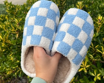 Pantuflas De Mujer A Cuadros Azules - Zapatos De Casa