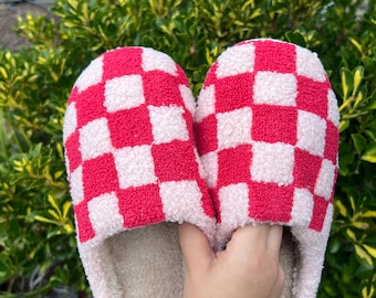 Pantuflas De Mujer A Cuadros Rosas - Zapatos De Casa