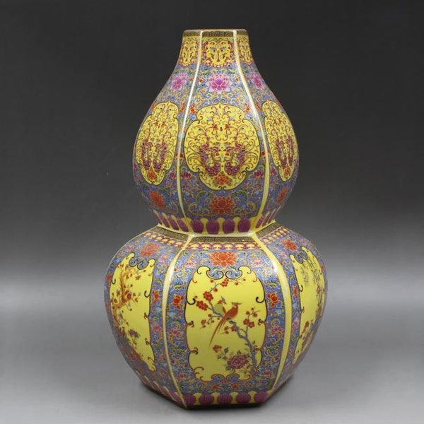 Vase calebasse hexagonal fleurs et oiseaux|Décoration de la maison|Objets de collection antiques en porcelaine|Antiquités antiques|Vase en céramique|Cadeaux personnalisés