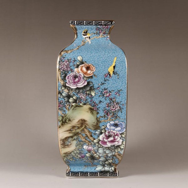 Enameled Light Blue Quadrilateral Vase|Classical Vase|Antique Porcelain Ornament|Antique Collection|Home Decoration|Custom Gifts